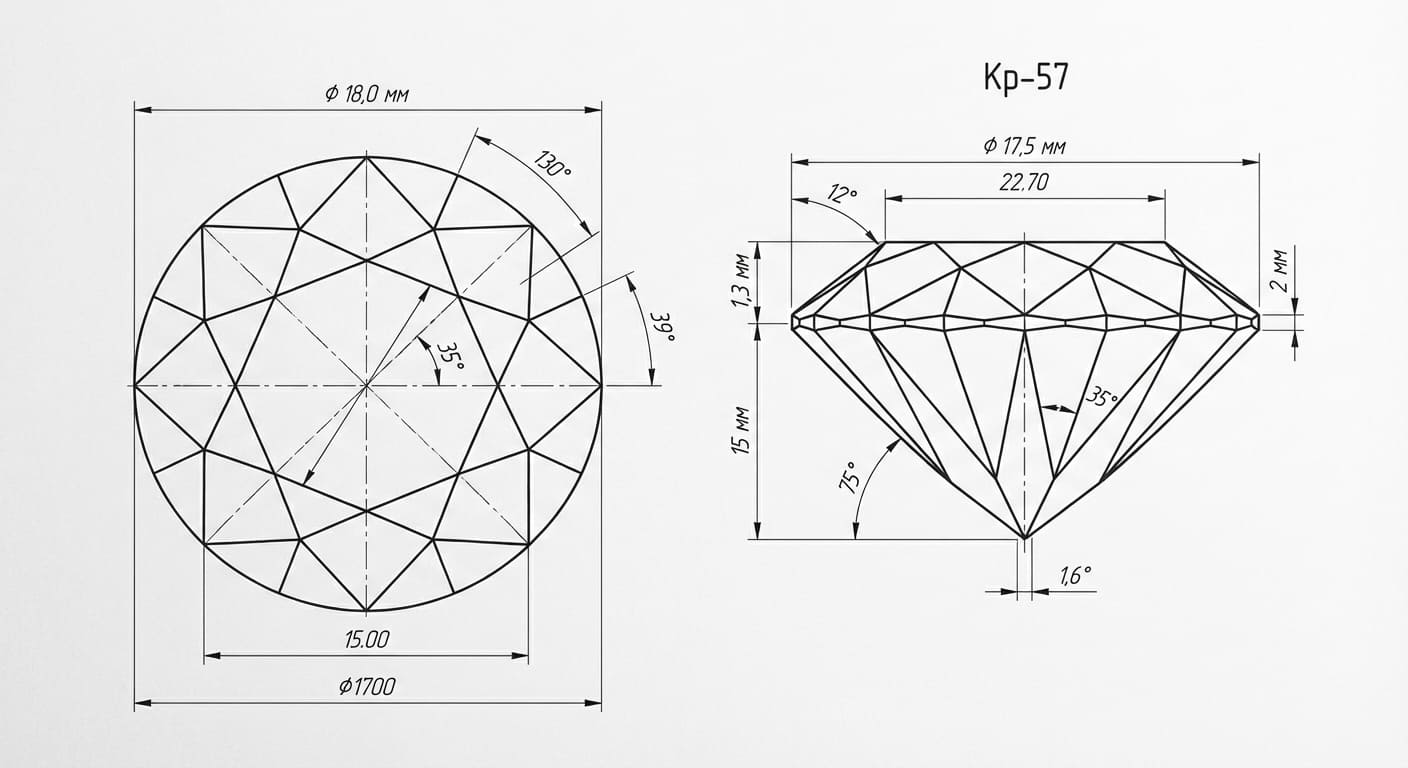 Техническая схема огранки круглая бриллиантовая Кр-57 с проекциями вид сверху и вид сбоку